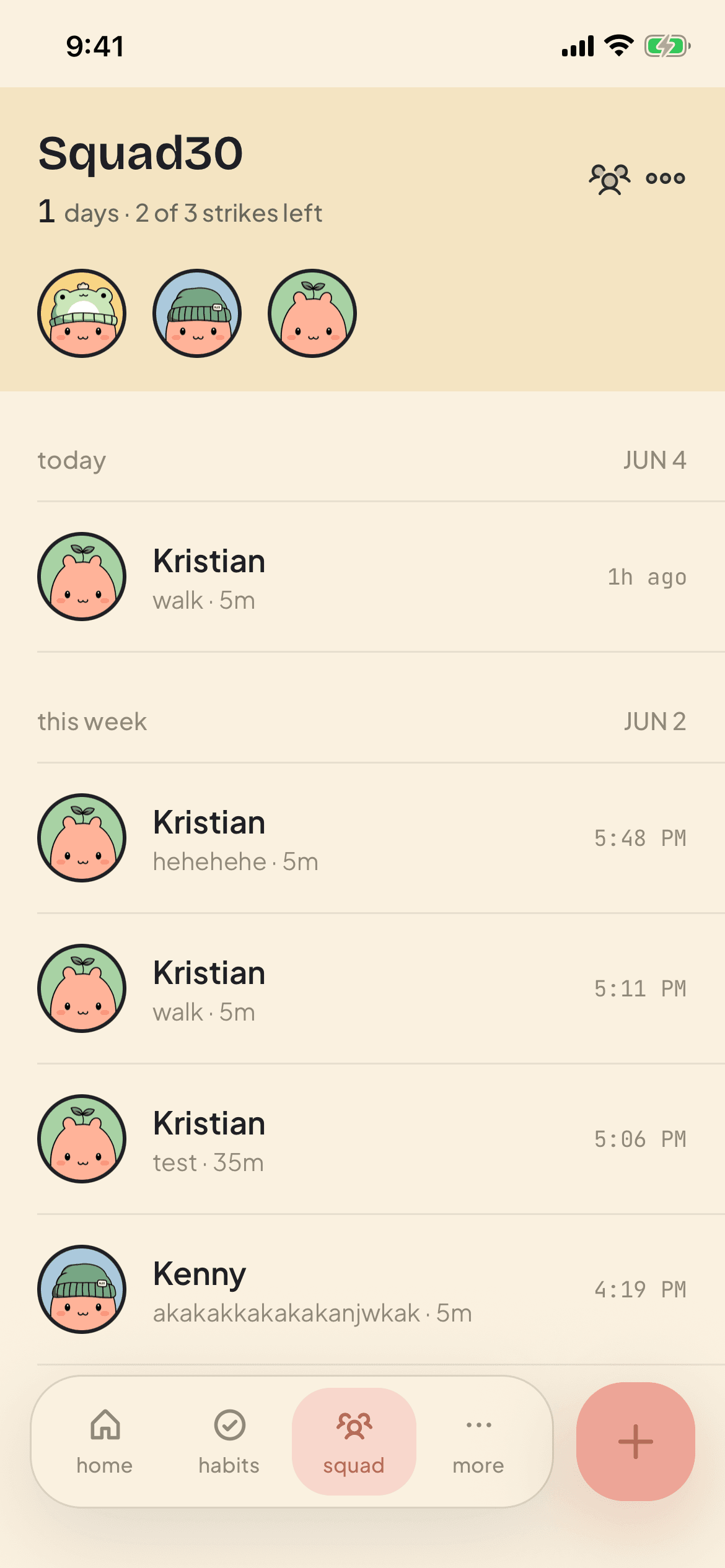 The Kleeve squad screen: members across the top, the group streak and strikes, and each friend's daily check-in below
